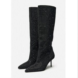 Zara Black Pointed Toe Rhinestone heeled knee high boo Size 39